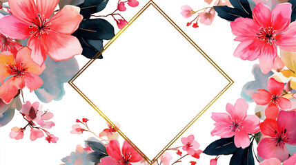 落ち着いた色合いと華やかさを兼ね備えた和風花柄背景　金の縁取りと赤い花が映えるエレガントな構図　和モダンな印象を与える装飾フレーム素材