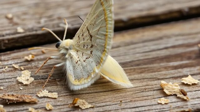 Close-up of a light-colored moth on weathered wood