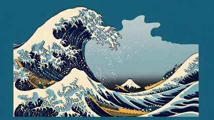 Dynamic illustration of immense ocean swells towering over tiny fishing boats in a captivating classic style