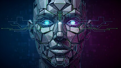 Futuristic AI Cyborg Head with Glowing Eyes and Circuitry Lines for Tech Innovation and Artificial Intelligence Concepts