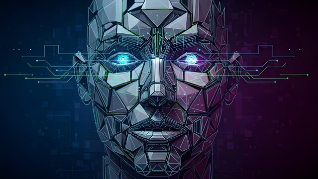 Futuristic AI Cyborg Head with Glowing Eyes and Circuitry Lines for Tech Innovation and Artificial Intelligence Concepts