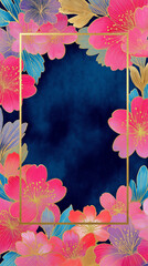 高級感あふれる和柄の花模様フレーム背景素材　金色の縁取りと華やかな花びら　上品でエレガントなデザイン　メッセージカードやポスター装飾に最適な背景画像