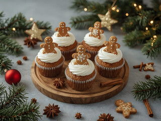 Christmas gingerbread cupcakes with cream cheese frosting and mini gingerbread cookies on top on a wooden board. Festive dessert. AI Generative.