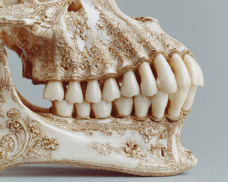 Intricately Carved Jaw and Teeth Sculpture Displaying Detailed Artistry and Ornate Patterns, Evoking a Vintage Anatomical Study