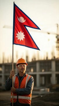Adult Caucasian man, a construction worker or engineer, proudly holds the national flag of Nepal at a building site during golden hour, symbolizing national pride and development.