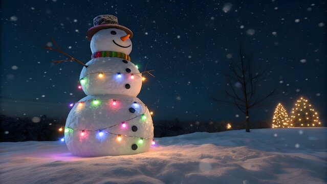 Captivating Christmas evening portrait of a festive snowman, brightly decorated with an array of colorful lights, standing serenely amidst a tranquil, snow-covered winter landscape