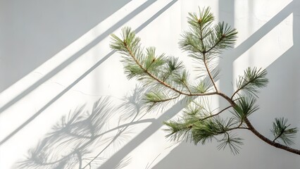 Minimalist pine branch with sharp shadows on a white wall, a simple and elegant natural decoration for a modern Christmas