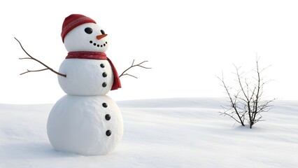 Fototapeta premium A classic snowman, with a red hat and scarf, stands in a pure white winter landscape, capturing the festive and joyful essence of Christmas holiday
