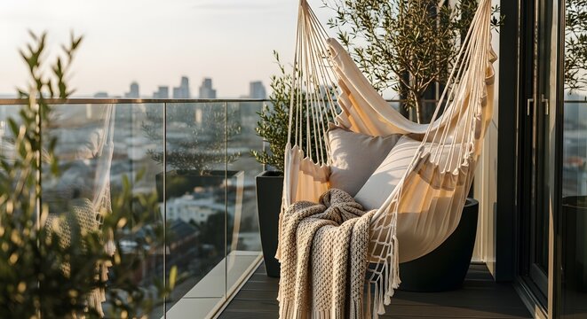 Empty hanging hammock chair on a modern city balcony overlooking urban skyline at golden hour for urban escape concept and luxurious relaxation