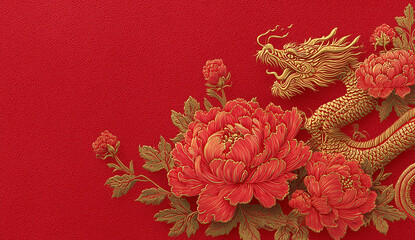 red background, a golden dragon with floral decoration on the right side of the red wall, a high-end atmosphere, a festive and joyful spring festival theme.