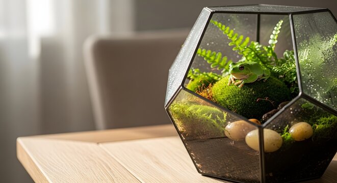 Green tree frog perched in a modern geometric glass terrarium with lush plants on a wooden table for miniature ecosystem concept and cozy home decor