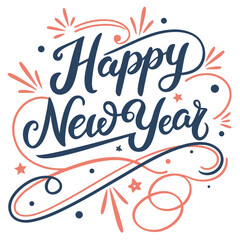 Stylized hand lettered happy new year graphic with festive colors