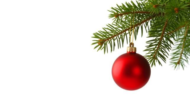 A single shiny red oval christmas ornament hanging from a green fir tree branch isolated on transparent background