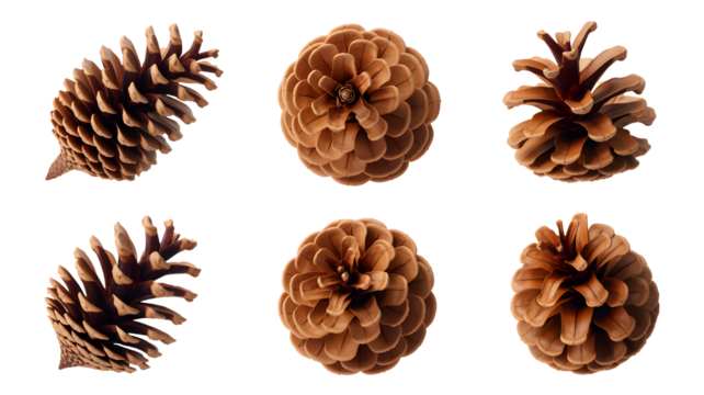 Six detailed pine cones in various orientations showcasing their natural texture and form isolated on transparent background
