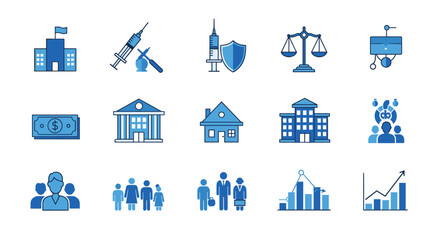 Collection of blue isometric icons representing government, healthcare, finance, housing, and business concepts.