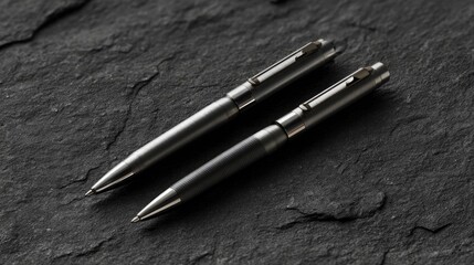 Elegant Metal Pens On Dark Stone Background