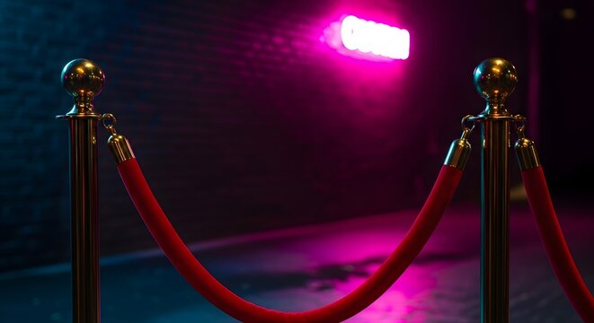 Velvet rope and golden stanchions defining a club entrance with vibrant neon glow for an exclusive nightlife event concept and luxury party atmosphere