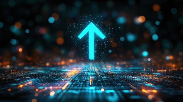 Luminous blue arrow points upwards, set against bokeh-lit circuit board