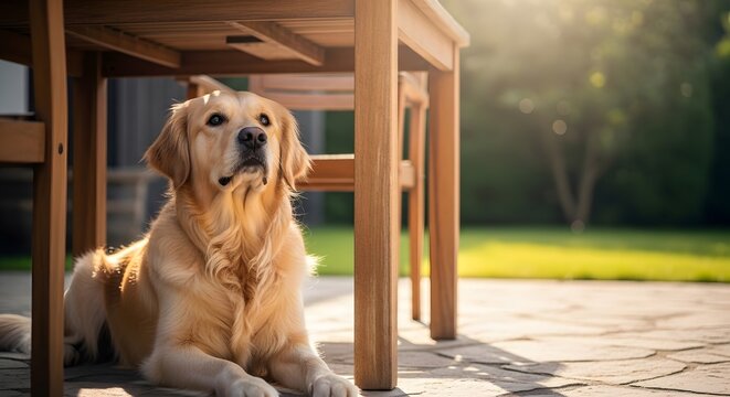 Golden retriever dog resting calmly under an outdoor wooden table on a sunny patio for summer relaxation concept and pet loyalty - Powered by Adobe