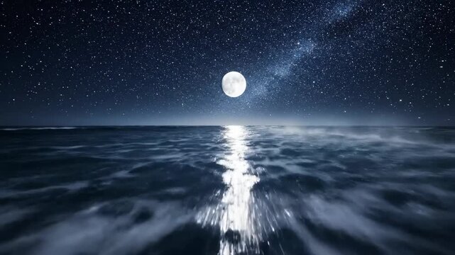 Dynamic ocean waves under a stunning starry night sky with a bright full moon creating mesmerizing reflections on the water surface
