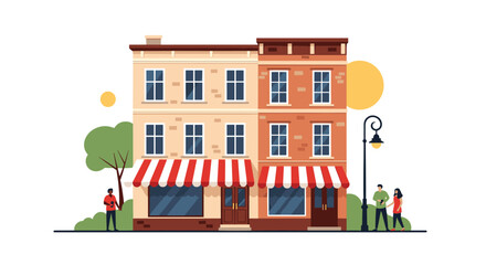 Two-story apartment buildings with storefronts and awnings stand side by side on a white background.