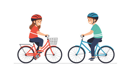 Naklejka premium Two children, a boy and a girl, wearing helmets and riding bicycles on a white background.