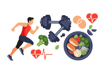 Healthy lifestyle with running, dumbbells, and balanced nutrition of food and vegetables