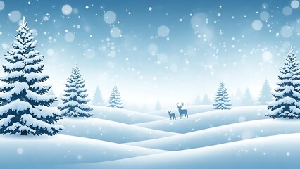 Obraz premium Winter Wonderland Snow-Covered Landscape with Deer and Pine Trees in Soft Blue Tones