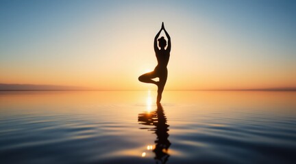 silhouette sunset yoga session concept. Silhouette of a person practicing yoga at sunset over water.