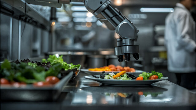 Automated robot arm preparing fresh food in modern smart kitchen, showcasing AI-powered cooking, precision food technology, and futuristic restaurant automation