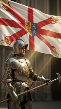 Valiant medieval knight in shining full plate armor holding a formidable polearm weapon, standing proudly beneath a historical heraldic flag
