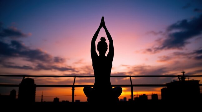 silhouette sunset yoga session concept. Silhouette of a person practicing yoga at sunset.