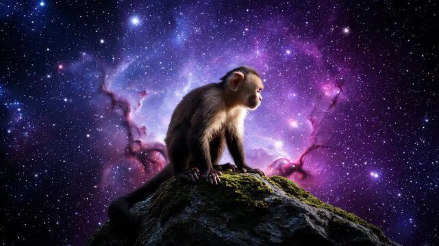 Monkey Sitting on Rock in Colorful Cosmic Landscape with Stars and Nebula in Background