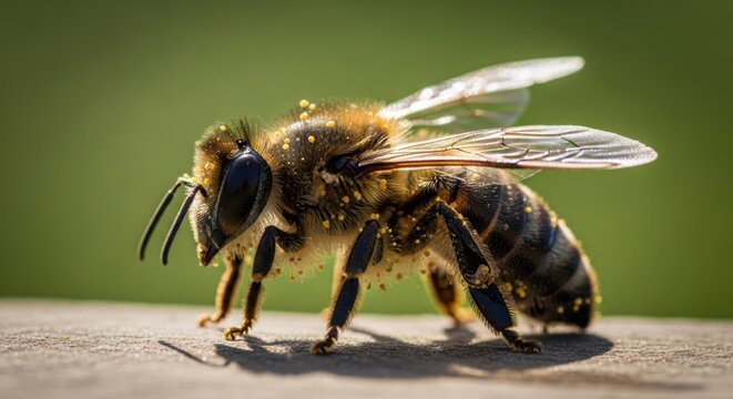 Detailed close-up of a honeybee with wings spread. - Powered by Adobe