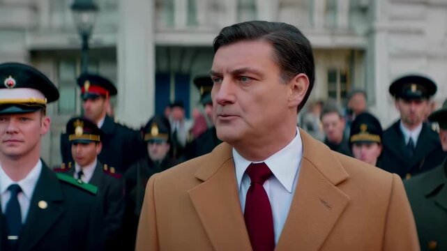 Politician wearing a suit and tie is giving a speech in front of a government building, with uniformed military officers standing at attention behind him