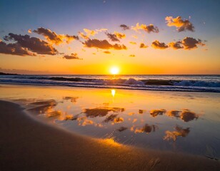 Obraz premium Vibrant sunset reflects beautifully on a sandy beach, waves softly lapping at the shore under a partly cloudy sky