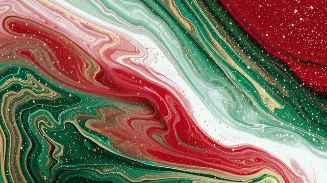 A painting with a green and red swirl. The green and red colors are mixed together. Fluid paint style christmas red green white gold premium editorial