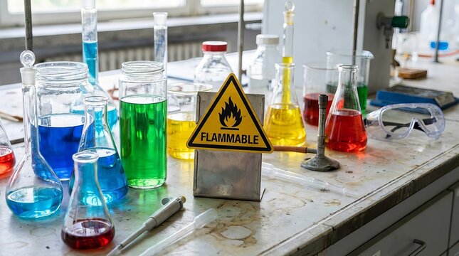 A yellow flammable warning sign labeled &lsquo;Flammable,&rsquo; surrounded by colorful chemical solutions in glass jars, creating a vibrant, detailed scientific safety scene