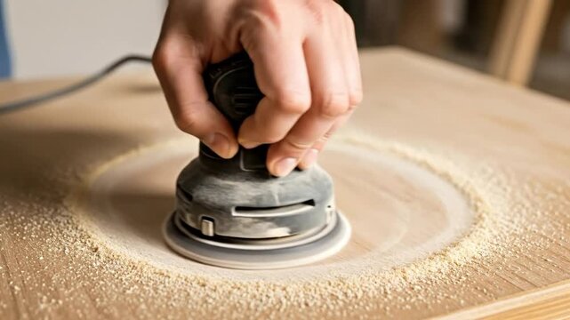 Close-up of a person's hand operating an electric orbital sander on a wooden surface, creating fine sawdust during woodworking or home improvement project