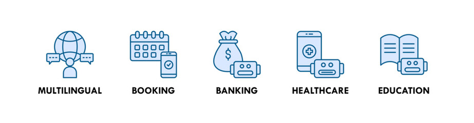 Chatbot banner web icon illustration concept with icon of multilingual, booking, banking, healthcare, and education
