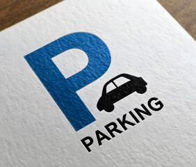 blue and black parking icon on white background, featuring the letter p in simple square design used for road signage, navigation, and urban traffic guidance in public areas