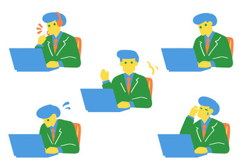 PCで仕事をする様々なポーズのスーツの男性