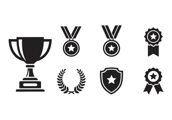 Set of winning award and prize icons, trophy reward, victory trophy signs