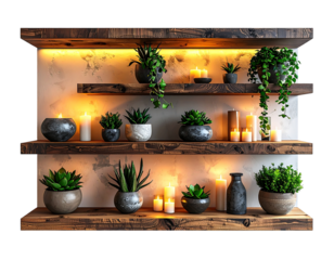 - Decorative Plant & Candle Shelf Collection of Four, isolated on transparent background