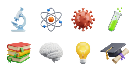 Collection of educational icons, science, and knowledge representation with science symbols