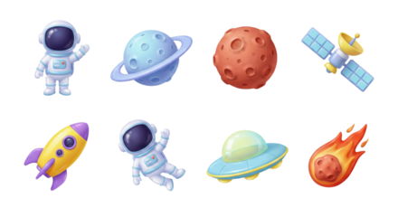 Animated cosmic objects including astronauts, planets, rockets, and satellites isolated on