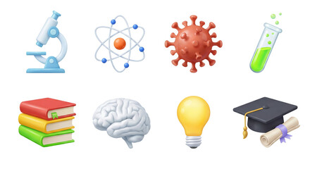 Collection of scientific and academic 3D elements representing diverse fields of knowledge