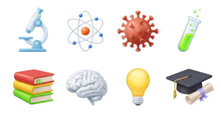 Collection of scientific and academic 3D elements representing diverse fields of knowledge