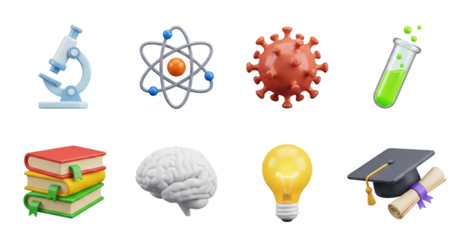 Collection of educational icons, science, and knowledge representation with science symbols
