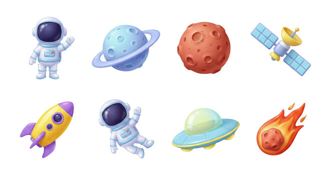 Animated cosmic objects including astronauts, planets, rockets, and satellites isolated on